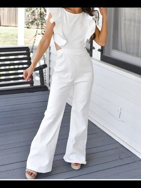 Women's White Ruffle-Sleeve Wide-Leg Jumpsuit